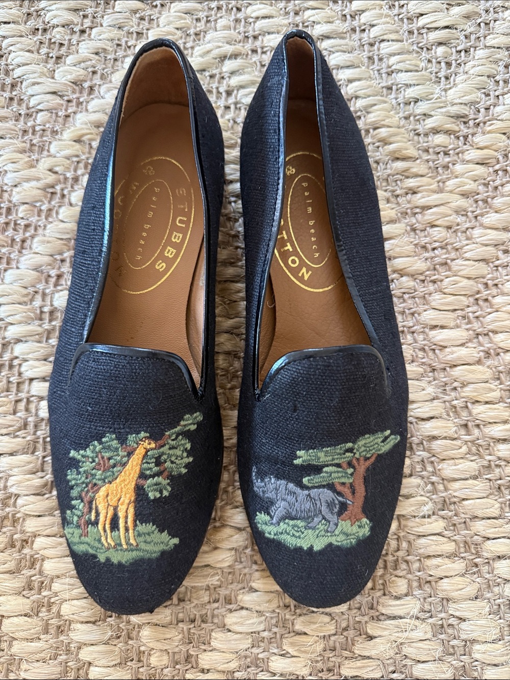 Stubbs & Wootton Black Embroidered Giraffe & Rhino Loafers